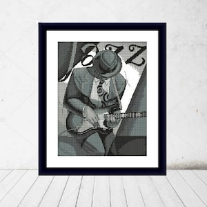 May include: Black and white illustration of a musician playing an electric guitar. The musician is wearing a hat and a suit. The word "Jazz" is visible in the background.
