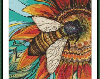 Bee Insect PDF Counted cross stitch pattern watercolor insect Digital cross stitch chart modern Flowers Cute cross stitch pattern