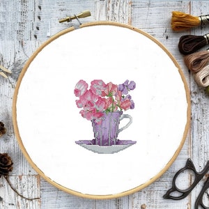 Clematis in the cup PDF Counted cross stitch pattern rose Digital x stitch chart modern bouquet cross stitch pattern vintage flower bouquet