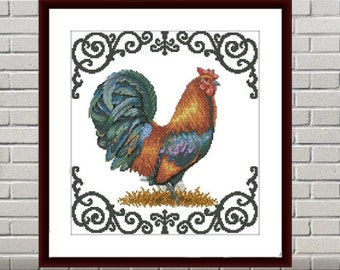 Rooster PDF Counted cross stitch pattern Country birds Digital cross stitch chart vintage cross stitch pattern