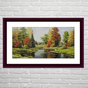 Herfstlandschap PDF Geteld kruissteekpatroon Landschap herfst Digitaal kruissteekschema Herfst seizoen PDF xstitch patroon direct downloaden
