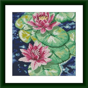 Waterlily Counted cross stitch pdf pattern lakeside Digital cross stitch chart landscape large cross stitch pattern instant download