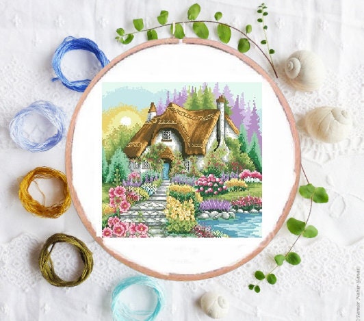 Lakeside Cottage Counted Cross Stitch Pattern Landscape Digital Cross ...