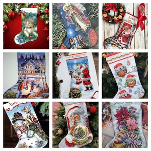 May include: Nine Christmas stockings with embroidered festive designs. The stockings depict Santa Claus, angels, snowmen, owls, and winter scenes. Each stocking is decorated with seasonal colours and details, ideal for holiday decorations.