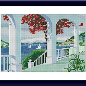 Seascape PDF Counted cross stitch pattern Girl Digital cross stitch chart seascape lighthouse PDF cross stitch pattern