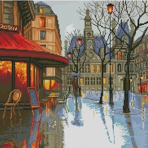 Paris cafe counted cross stitch pdf pattern European city Digital cross stitch chart city cross stitch pattern cafe needlepoint chart