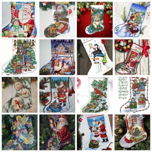 Julstrumpa SET med 16 PDF-korsstygnsmönster Julstövel Digitalt korsstygnsdiagram Julafton PDF-korsstygnsmönster