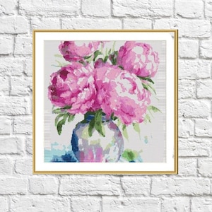 Pink Peony flower PDF Counted cross stitch pattern Botanical Digital cross stitch chart modern Still life cross stitch pattern iris xstitch