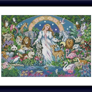 May include: A woman in a white dress stands in a forest with a variety of animals, including a zebra, deer, lion, panda, and swan. The scene is surrounded by lush greenery and a starry night sky.