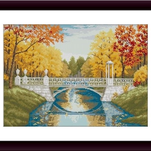 Herfst landschap PDF geteld kruissteekpatroon landschap herfst Digitale kruissteekkaart herfst seizoen PDF xstitch patroon direct downloaden