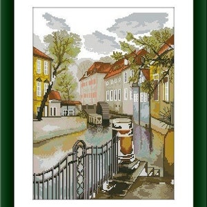 City counted cross stitch pdf pattern European city Digital cross stitch chart city cross stitch pattern cafe needlepoint chart