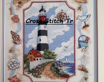 Scenic Lighthouse PDF Counted cross stitch pattern Landscape Digital cross stitch chart seascape lighthouse PDF cross stitch pattern