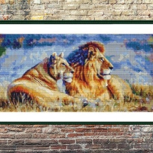 Löwenpaar Tier PDF Kreuzstichmuster Fantasie Tiere Digitale Kreuzstichvorlage modernes Kreuzstichmuster Löwenfamilie