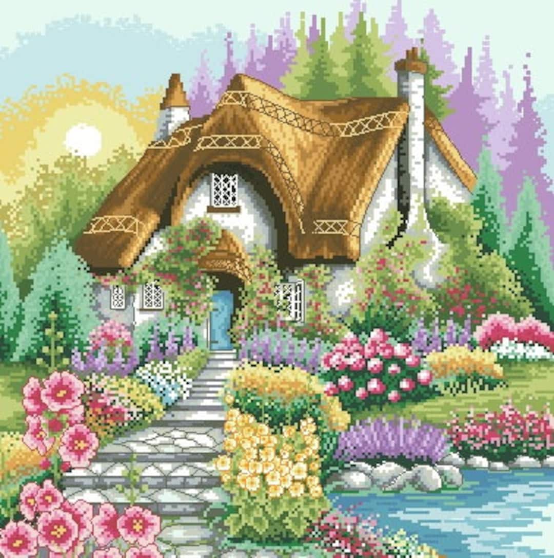 Lakeside Cottage Counted Cross Stitch Pattern Landscape Digital Cross ...