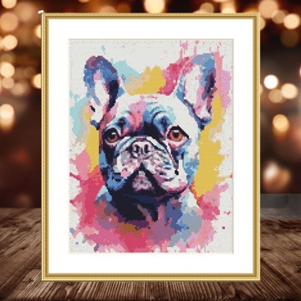 Aquarelle bouledogue français Point de croix compté Modèle PDF Chien Tableau de point de croix numérique Animaux motif de point de croix moderne chiens x point