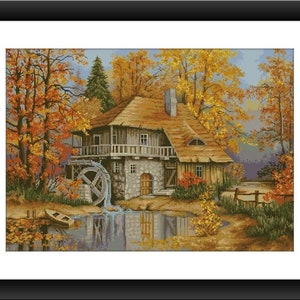 Autumn cottage Counted cross stitch pdf pattern village cottage Digital cross stitch chart fall cross stitch pattern instant download