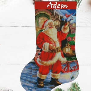 Christmas Stocking Santa Residence PDF Counted cross stitch pattern Red cardinal cross stitch chart Christmas Eve PDF cross stitch pattern