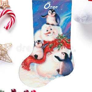 Christmas Stocking Penguin PDF Counted cross stitch pattern Polar lights Digital cross stitch chart Christmas Eve PDF cross stitch pattern