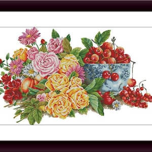 Rose und Kirsche stilleben PDF Kreuzstichmuster Stillleben Digitale Stickvorlage Stillleben Natur sofort download Nadelspitze xstitch