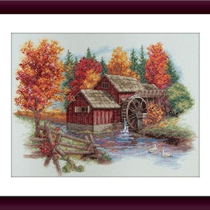 Herfst landschap PDF geteld kruissteekpatroon landschap herfst Digitale kruissteekkaart herfst seizoen PDF xstitch patroon direct downloaden