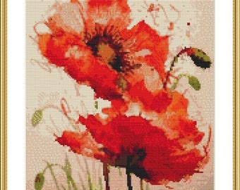 Red poppies Bouquet PDF Counted cross stitch pattern Flowers Digital cross stitch chart modern Still life xstitch pattern poppies