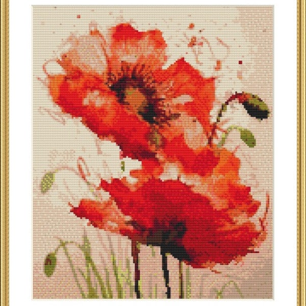 Bouquet de coquelicots rouges PDF Modèle de point de croix compté Fleurs Grille numérique de point de croix moderne Nature morte xstitch pattern coquelicots