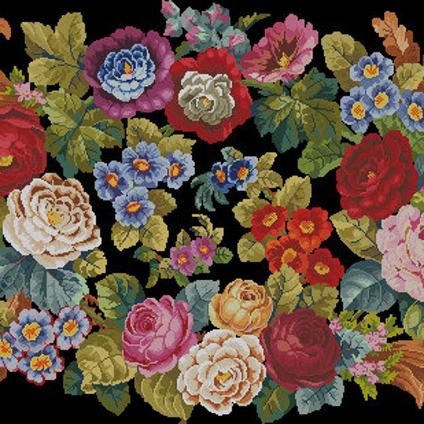 Vintage tapestry Counted cross stitch pattern pdf Flower Digital xstitch chart rose Still life xstitch pattern vintage bouquet