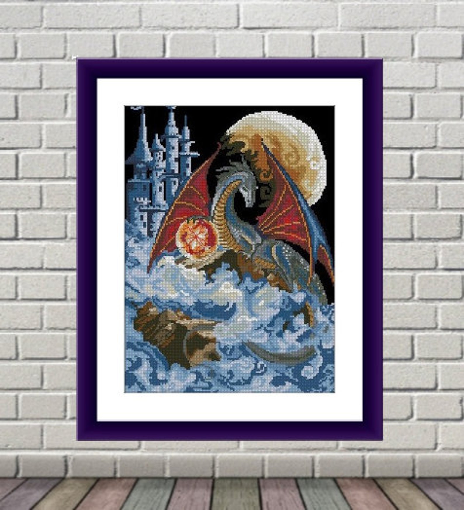 Dragon PDF Counted Cross Stitch Pattern Fantasy Castle Digital Etsy