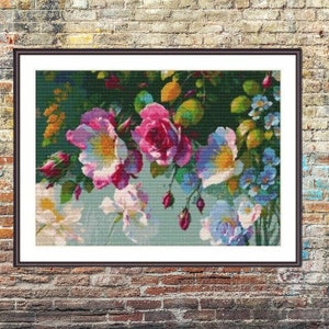 Rosengarten PDF Kreuzstichmuster Garten Digital x Stichdiagramm moderne Landschaft Kreuzstichmuster Vintage Blumenstrauß