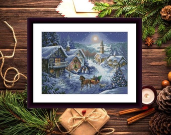 Christmas Eve Counted cross stitch pattern pdf xmas village Holiday Digital cross stitch chart christmas tree PDF cross stitch pattern