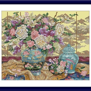 Orientalischer Blumenstrauß Kreuzstichvorlage Blumen Blumenstrauß Kreuzstichvorlage Stickmuster Vorlage japanischer Pfingstrosen