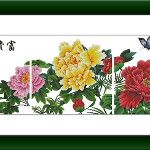 May include: A framed cross-stitch embroidery depicting a floral arrangement of pink, yellow, and red peonies with green leaves and two butterflies. The Chinese characters "春色春香" are embroidered in black thread at the top of the image.