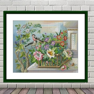 Frühlingsstillleben PDF Kreuzstichvorlage Vögel und Blumen Digitale Kreuzstichvorlage Vintage Stillleben Kreuzstichmuster