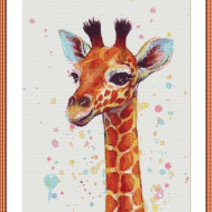 May include: A close-up of a giraffe's head and neck against a white background with colorful paint splatters. The giraffe has a brown and orange spotted pattern and large, dark eyes.
