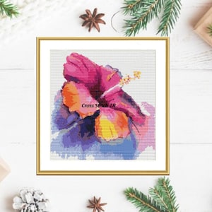 Aquarela Hibisco flor PDF Contado padrão de ponto cruz Botânico Digital xstitch gráfico Natureza morta padrão de ponto cruz íris xstitch