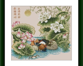 Japanische Lotus Kreuzstichvorlage Vogel japanische Blumen Digitale Kreuzstichvorlage japanische Kreuzstichvorlage