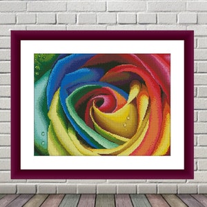 Rainbow Rose PDF Counted cross stitch pattern rose Digital x stitch chart modern bouquet cross stitch pattern vintage flower bouquet