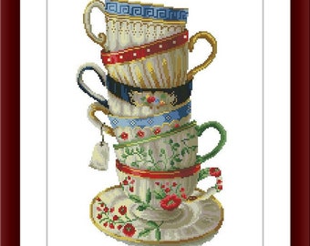 Kitchen cups PDF Counted cross stitch pattern Tea cups Digital cross stitch chart coffee Modern Still life cute cross stitch pattern