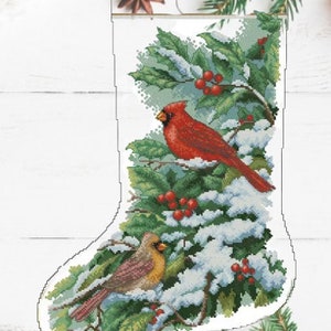 Christmas Stocking Red cardinal PDF Counted cross stitch pattern Christmas boot Digital cross stitch chart Christmas Eve PDF xstitch chart