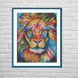 Regenbogen Löwe Tier PDF Kreuzstichvorlage Fantasy wilde Tiere Kreuzstichvorlage modernes Löwenkreuzstichmuster