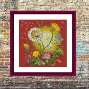 Dandelion Flower PDF Counted cross stitch pattern monochrome Digital cross stitch chart modern Still life cross stitch pattern
