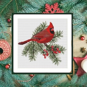 Winter Red Cardinal Birds PDF Zählmuster Kreuzstichmuster Digitale Kreuzstichvorlage moderne Weihnachten Rotkehlchen Kreuzstichmuster