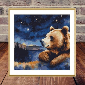 Watercolor bear PDF Counted cross stitch pattern starry night Digital cross stitch chart animal bears PDF xstitch pattern bear needlepoint