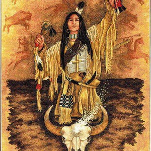 May include: A cross-stitch embroidery depicting a figure with long dark hair wearing a tan fringed garment, holding rattles in raised hands. The figure stands behind a white buffalo skull, set against a background of orange buffalo silhouettes.