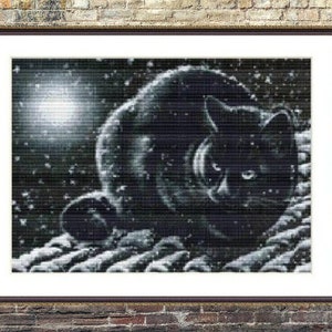Schwarze Katze auf dem Dach Tier PDF Kreuzstichvorlage Fantasy Tiere Digitale Kreuzstichvorlage modernes Katzen Kreuzstichmuster