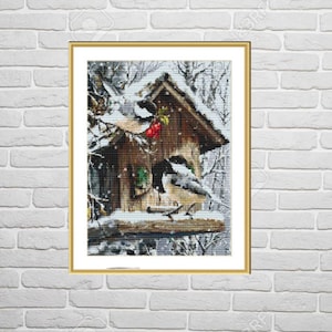Weihnachtsvogelhaus Counted Kreuzstichmuster rote Kardinalvögel Digitale Kreuzstichvorlage modernes Kreuzstichmuster Vogel Needlepoint