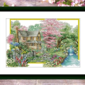 Garden cottage Counted cross stitch pdf pattern cottage Digital cross stitch chart city large cross stitch pattern instant download