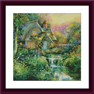 Beautiful cottage Counted cross stitch pdf pattern village cottage Digital cross stitch chart large cross stitch pattern instant download