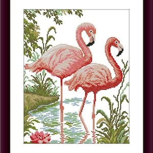 Pink Flamingo Counted cross stitch pattern pdf birds Digital cross stitch chart flamingo xstitch pattern bird couple needlepoint  chart