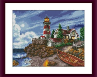 Scenic Lighthouse PDF Counted cross stitch pattern Landscape Digital cross stitch chart seascape lighthouse PDF cross stitch pattern